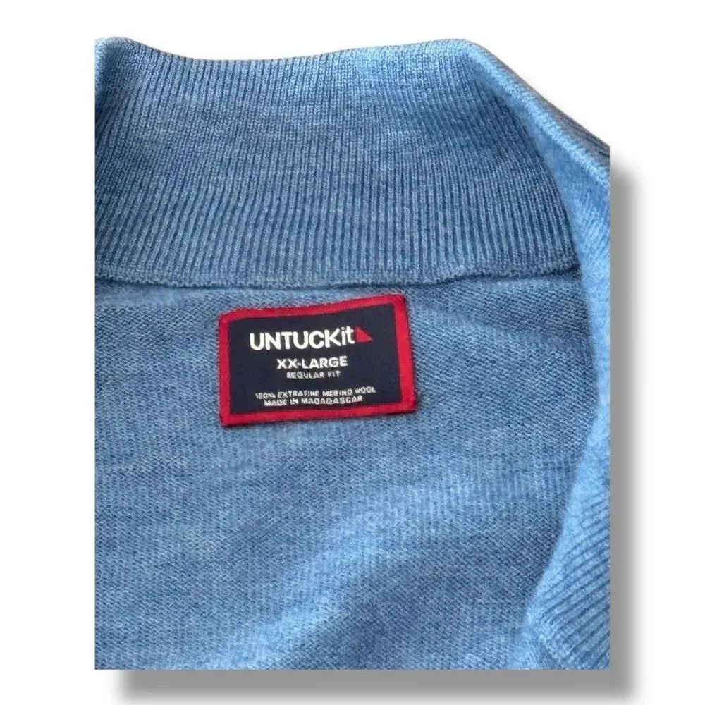 UNTUCKit Sweater Blue Merino Wool Quarter Zip Mock Neck Belguardo Men’s Size XXL